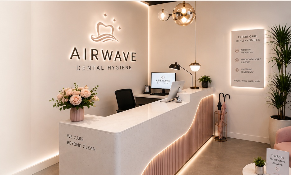 Vancouver Airwave Dental Hygiene reception with warm lighting and illuminated brand signage